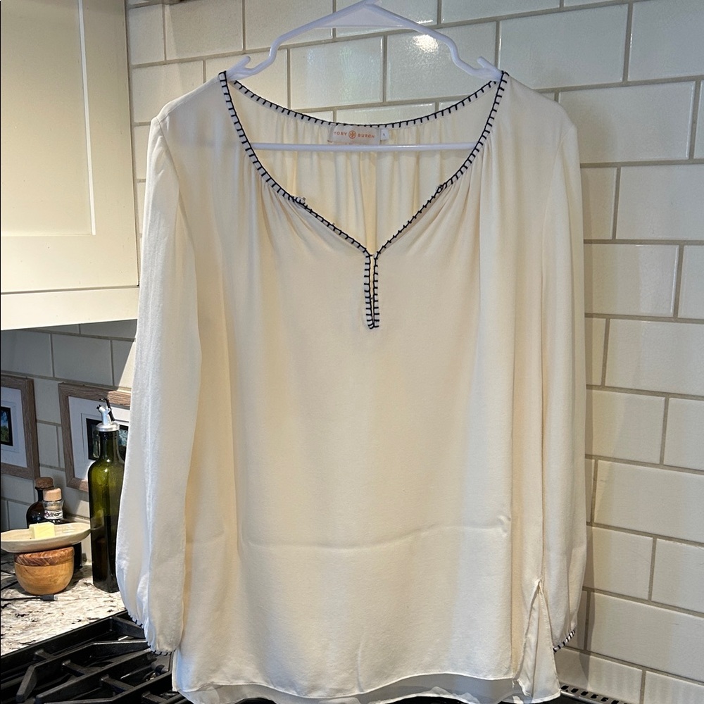 Tory Burch 100 % Silk Cream Blouse with Black Detailing